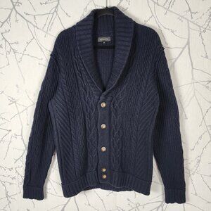 RW & Co Navy Cotton Merino Wool Blend Cable Knit Shawl Collar Cardigan